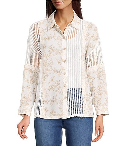 Ali Miles Woven Floral Lace Panel Insets Point Collar Long Roll-Tab Sleeve Button Front Tunic
