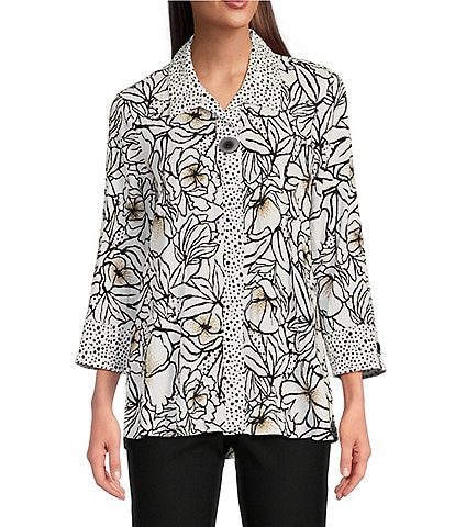 Ali Miles Woven Floral Print Point Collar 3/4 Sleeve Button-Front Tunic