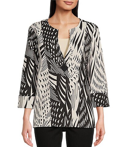 Ali Miles Woven Long Cuffed Sleeve Abstract Print Button Front Tunic