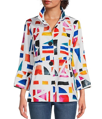 Ali Miles Woven Geometric Abstract Print Wire Collar 3/4 Bell Sleeve Button-Front Tunic