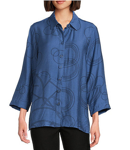 Ali Miles Woven Geometric Print Point Collar 3/4 Sleeve Button-Front Tunic