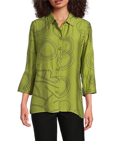 Ali Miles Woven Geometric Print Point Collar 3/4 Sleeve Button-Front Tunic