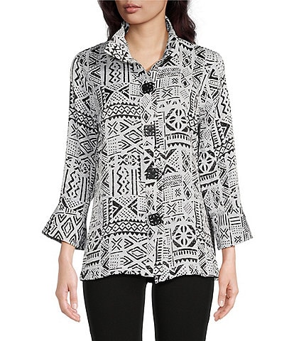Ali Miles Woven Geometric Print Wire Collar 3/4 Sleeve Button Front Tunic