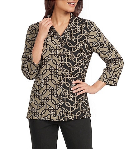 Ali Miles Woven Geometric Ruffle Mock Neck 3/4 Sleeve Button-Front Tunic