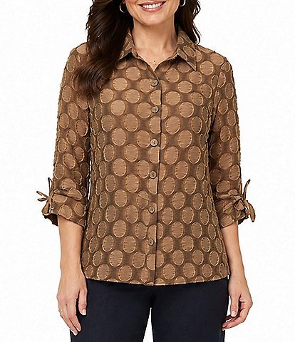 Ali Miles Woven Jacquard Allover Dot Point Collar 3/4 Cinched Sleeve Button Front Shirt