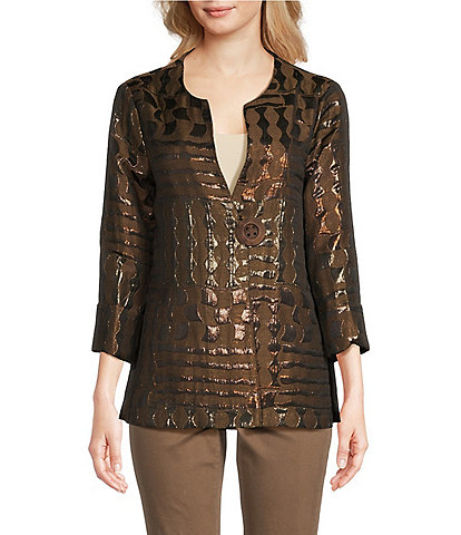 Ali Miles Woven Jacquard Round Collar 3/4 Wide Cuff Sleeve Abstract Print Button Front Jacket