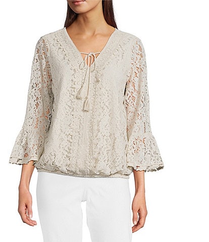 Ali Miles Woven Lace V-Neck 3/4 Flounce Sleeve Tie-Front Tunic