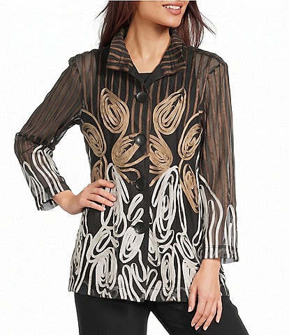 Ali Miles Woven Mesh Wire Collar 3/4 Sleeve Front Button Jacket