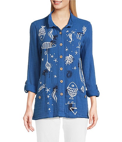 Ali Miles Woven Novelty Abstract Fish Print Wire Collar 3/4 Roll-Tab Sleeve Button Front Tunic
