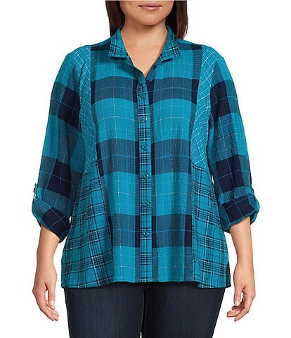 Ali Miles Woven Plaid Multi Print Point Collar 3/4 Roll-Tab Sleeve Button-Front Tunic