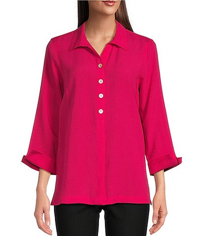 Ali Miles Woven Point Collar 3/4 Sleeve Button Front Tunic