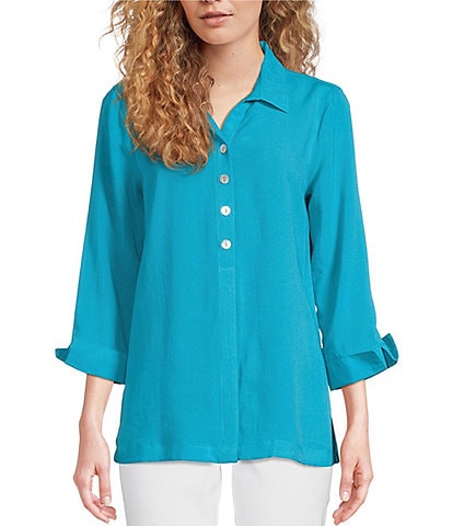 Ali Miles Woven Point Collar 3/4 Sleeve Button Front Tunic