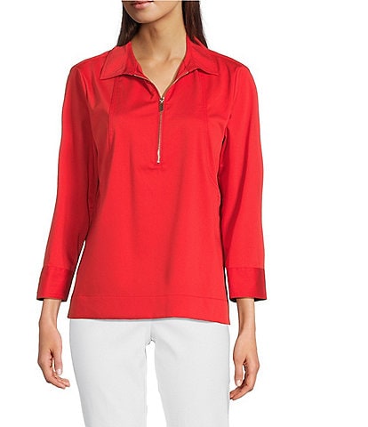 Ali Miles Woven Point Collar 3/4 Sleeves Quarter Zip-Up Tunic