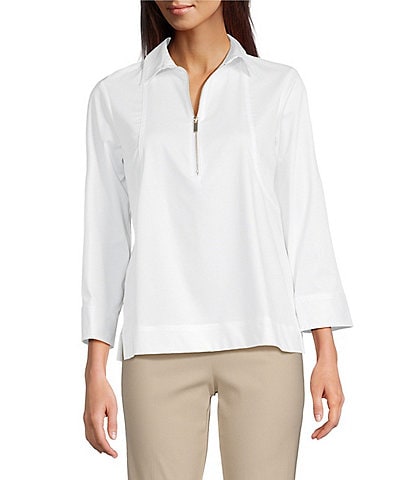 Ali Miles Woven Point Collar 3/4 Sleeves Quarter Zip-Up Tunic