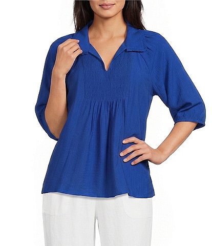 Ali Miles Woven Point Collar Shirred Split Neck Elbow Length Raglan Sleeve Popover Top