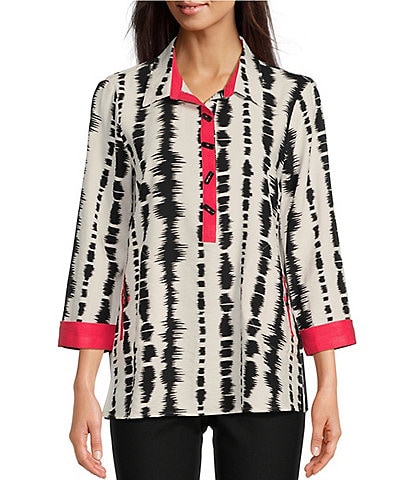 Ali Miles Woven Pop Over Point Collar Cuffed 3/4 Sleeve Button Placket Printed Tunic