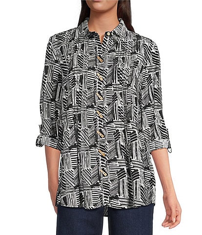 Ali Miles Woven Printed Point Collar 3/4 Roll-Tab Sleeve Button Front Tunic