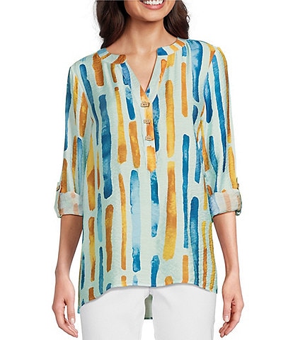 Ali Miles Woven Printed V-Neck 3/4 Sleeve Button Front Tunic
