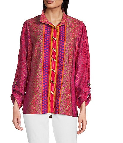 Ali Miles Woven Printed Wire Neck 3/4 Roll-Tab Sleeve Button Front Tunic