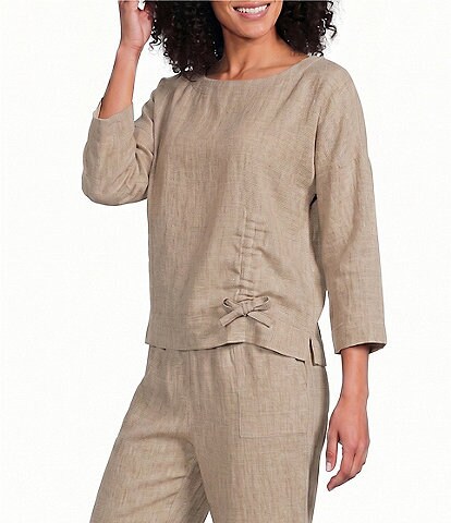 Ali Miles Woven Round Neck 3/4 Sleeve Cinched Hem Top