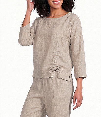 Ali Miles Woven Round Neck 3/4 Sleeve Cinched Hem Top