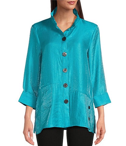 Ali Miles Woven Shimmer Stand Ruffle Collar 3/4 Sleeves Button-Front Tunic