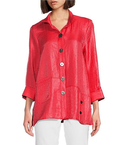 Plus Size Button Front Pocket Tunic Shirt - Red