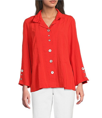 Ali Miles Woven Solid Wire Collar 3/4 Sleeve Pleated Hem Button Front Tunic