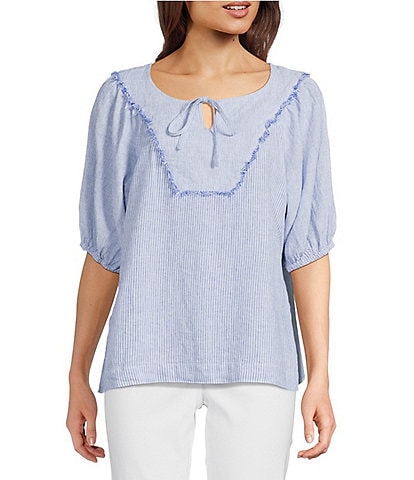 Ali Miles Woven Stripe Linen Blend Yarn-Dyed Split Round Neck Elbow Sleeve Frayed Hem Tunic
