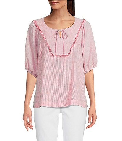 Ali Miles Woven Stripe Linen Blend Yarn-Dyed Split Round Neck Elbow Sleeve Frayed Hem Tunic