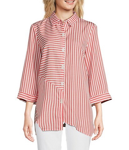 Ali Miles Woven Stripe Print Point Collar 3/4 Cuffed Sleeve Uneven Hem Button Front Tunic