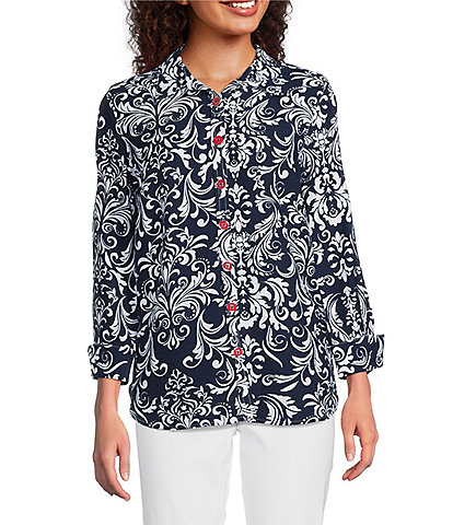 Ali Miles Woven Vintage Floral Point Collar 3/4 Sleeve Button Front Tunic
