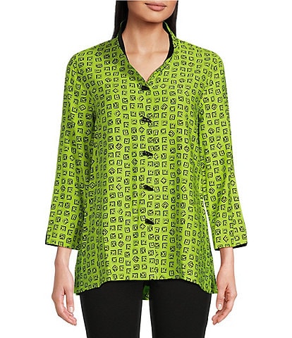 Ali Miles Woven Wire Collar 3/4 Sleeve Button-Front Printed Tunic