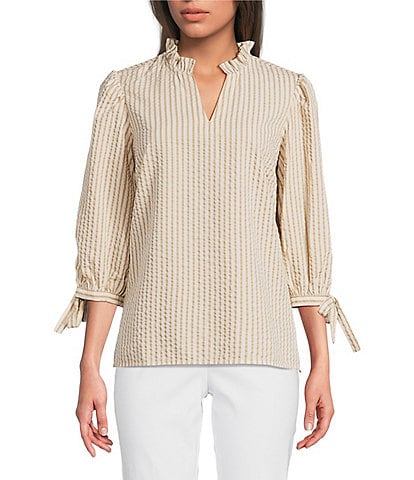 Ali Miles Woven Yarn-Dye Stripe Ruffle V-Neck 3/4 Tie Sleeve Blouse
