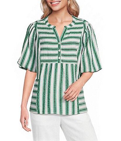 Ali Miles Woven Yarn-Dye Stripe Split V-Neck Elbow Length Bubble Sleeve Pullover Top