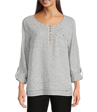 Ali Miles Woven Yarn-Dyed Linen Blend Scoop Neck 3/4 Roll-Tab Sleeve Tunic