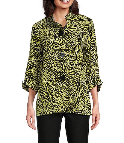 Ali Miles Woven Zebra Leopard Print Wire Collar 3/4 Sleeve Button Front Tunic