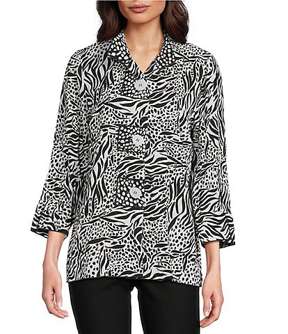Ali Miles Woven Zebra Leopard Print Wire Collar 3/4 Sleeve Button Front Tunic