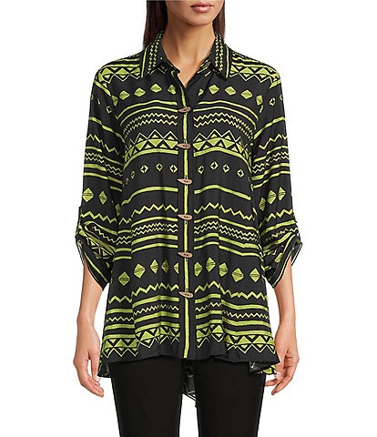 Ali Miles Woven Zig-Zag Harmony Print Point Collar 3/4 Roll-Tab Sleeve Asymmetric Hem Button Front Tunic