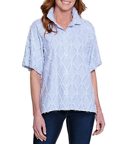 Ali Miles Yarn-Dye Clipped Jacquard Printed Point Collar Short Sleeve Button Front Shirt