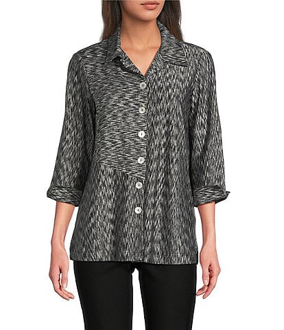 Ali Miles Yarn-Dye Knit Abstract Print Point Collar 3/4 Cuff Sleeve Button Front Tunic