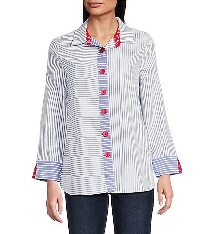 Ali Miles Yarn Dye Stripe Point Collar 3/4 Sleeves Hi-Low Hem Tunic