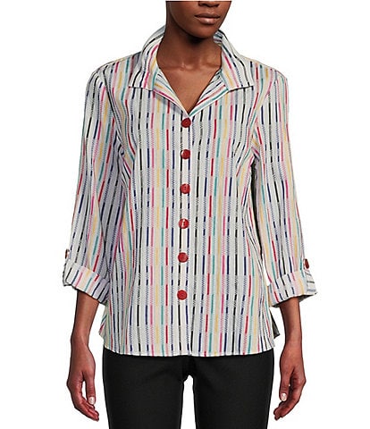 Ali Miles Yarn-Dye Textured Stripe Wire Collar Long Roll-Tab Sleeve High-Low Hem Button-Front Tunic