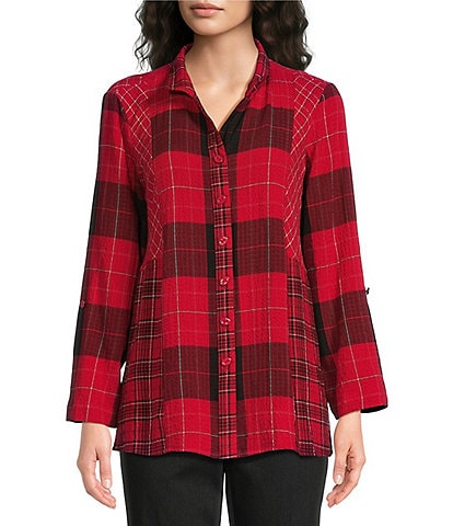 Ali Miles Yarn Dye Woven Plaid Wire Collar Rolled Tab Sleeve Button Front Shirt