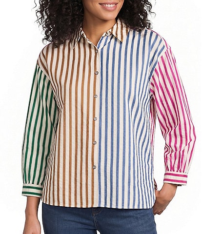 Ali Miles Yarn Dyed Multi Color Stripe Point Collar 3/4 Cuffed Sleeve Button Front Hi-Low Hem Shirt
