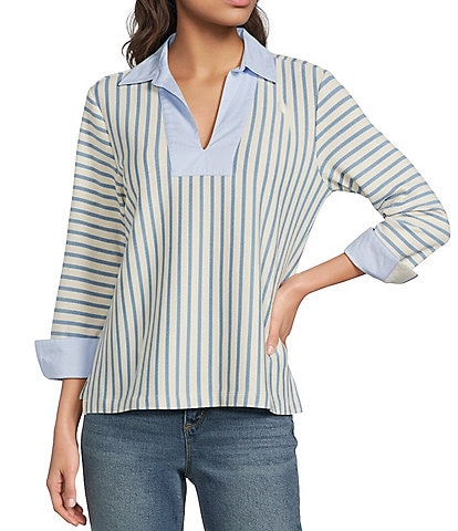 Ali Miles Yarn-Dyed Stripe Collared Split V-Neck Long Sleeve Tunic