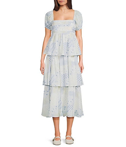 All in Favor Patchwork Print Square Neck Short Puff Sleeve Tiered Midi Dress