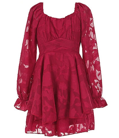 Allison & Kelly Big Girls 7-16 Long Sleeve Floral Tonal Burnout Jacquard Chiffon Dress