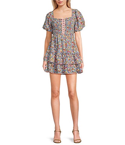 Allison & Kelly Bubble Sleeve Tiered Printed Dress