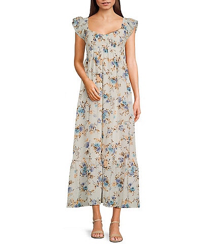 Allison & Kelly Chiffon Floral Print V-Neck Flutter Sleeve Smocked Midi Dress